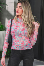 Load image into Gallery viewer, Pink Slim Fit Floral Mesh Long Sleeve Mock Neck Top
