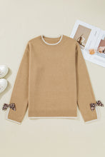 Load image into Gallery viewer, Tan Leopard Bow Decor Split Cuff Contrast Trim Sweater
