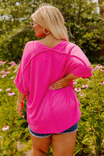 Load image into Gallery viewer, Bright Pink Seamed Back High Low Hem V Neck Cuffed Sleeve Plus Size Tee
