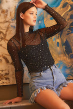 Load image into Gallery viewer, Black Rhinestone Sheer Mesh Slim Fit Long Sleeve Top
