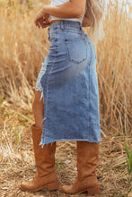 Load image into Gallery viewer, Dearlove Myosotis Irregular Distressed Bottom Denim Midi Skirt
